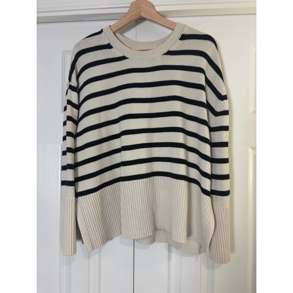 Gap Womens Cream & Black Striped Cotton Shaker Knit Crewneck Sweater Large